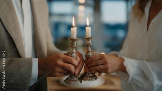 A couple placing an heirloom silver candlestick on their new dining table, blending heritage with contemporary home design in a symbolic moment. cinematic color correction, natural uneven lighting
