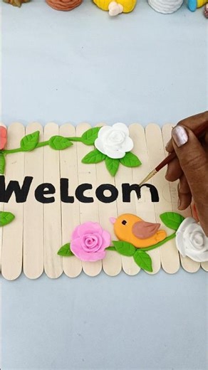 DIY Welcome Board 🌸🐦 | Popsicle Stick & Clay Flower Craft#youtubeshorts #diy #craft