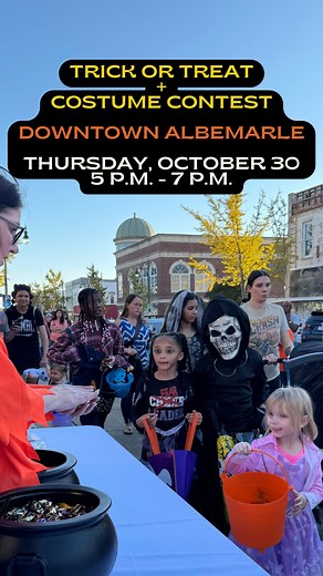 Get ready for one of our most popular downtown events—Trick or Treat in Downtown Albemarle! 👻 Join us on Thursday, October 30, from 5 p.m. - 7 p.m. an evening of fun! 🎉 📍 Location: Trick or treat at businesses along North Street and West Main, from N. 1st St. to N. 3rd St. 🎩 Costume Contest Alert! 👑 A costume contest will be open to children ages 10 and under. Stop by Courthouse Square to sign up and show off your best costumes! Tell your family, friends, and neighbors, and come join the Ha