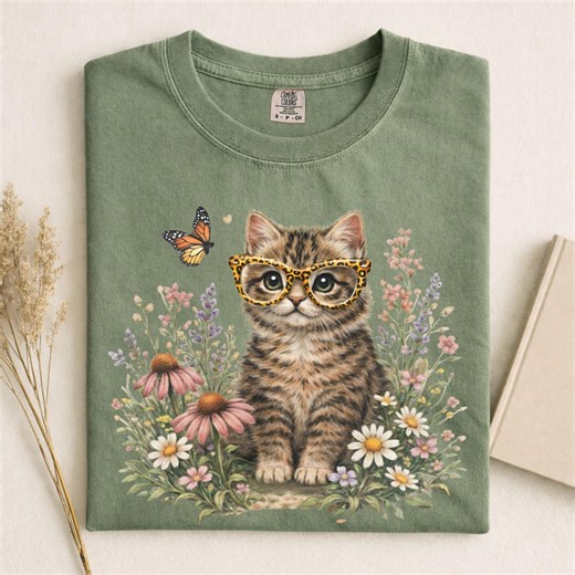 Cute Cat Shirt, Comfort Colors Kitten Shirt, Gift for Cat Lovers, Vintage Cat Shirt, Funny Cat Tee, Cat With Leopard Print Glasses - Etsy