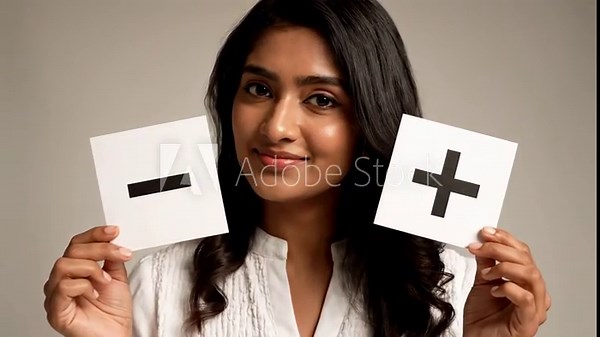 Confident indian woman holding two cards with plus and minus signs, thoughtfully weighing pros and cons before making a positive decision and smiling at the camera against a neutral background