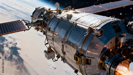 Executing commanded burn for orbit trim, service module rotating over Earth, engines firing