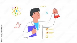 Scientist in laboratory. Moving male chemist holds flask with chemicals and creates vaccine or drug. Doctor conducts experiment or scientific research. Flat graphic animated cartoon in doodle style