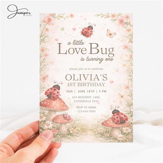 Love Bug Birthday Invitation, Pastel Lady Bug Invite, Insect Butterfly Birthday Card, Spring Garden Party Template, Wildflower Invite - Etsy