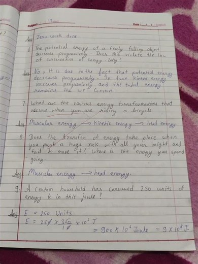 class 9th Science chapter 10 Work and energy ke exercises answers