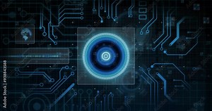 Futuristic digital interface with circuit board and rotating blue circle animation