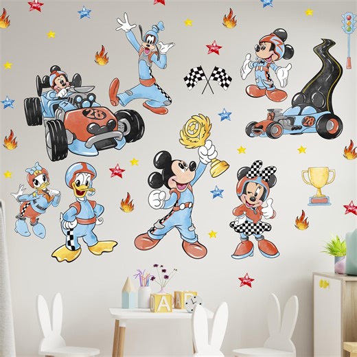 Mickey Mouse Racing Wall Decals, Mickey Race Car Stickers With Flags Trophy Fire, Disney Racing Wall Decor Kids Room - Etsy