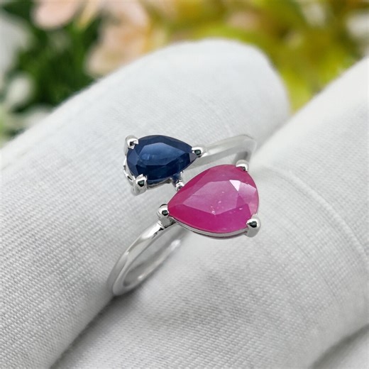 Natural Ruby & Sapphire Ring, Handmade 925 Sterling Silver, Birthstone Gemstone Jewelry, Gift for Her - Etsy