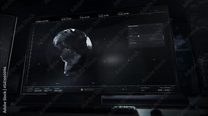 Orbiting Satellite Surveillance Tech Scans Military Heliport Location Data Coordinates. High Tech Streaming Satellite Camera Scanning Tech. Modern Satellite Scanning Tech With Digital Global Earth Map