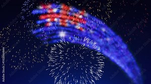 Australia national holiday banner template. Fireworks australian flag on dark sky background. Australia flag fireworks. Template, place for text, copy space. Animated greeting card. Seamless loop