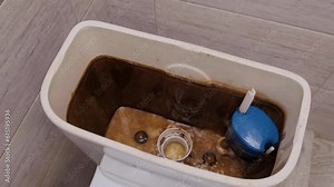 A repairman holds cistern fittings from a dirty rusty toilet tank in front of the camera. Water flows down on the background. Plumbing blockages due to dirty and hard water. Repair
