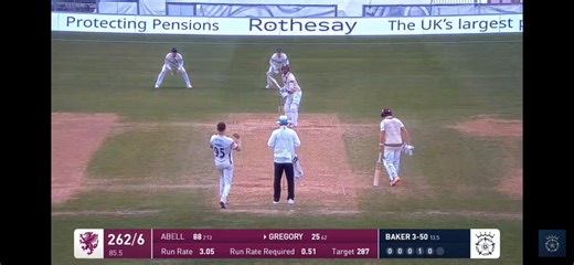 Sonny Baker rips Lewis Gregory’s middle stump out of the ground and this game is well and truly on