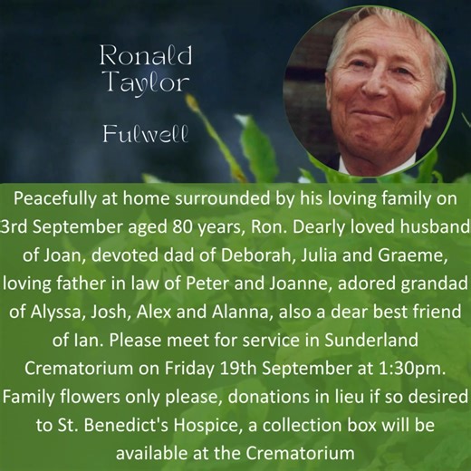 7.5K views · 14 shares | Funeral notice for the late Ronald "Ron" Taylor | Gavin J. Reynolds Family Funeral Directors | Facebook