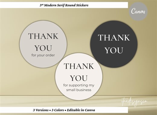 Modern Serif 3" Round Thank You Stickers Printable Packaging Stickers Small Business Labels A4 & US Letter Canva Template - Etsy
