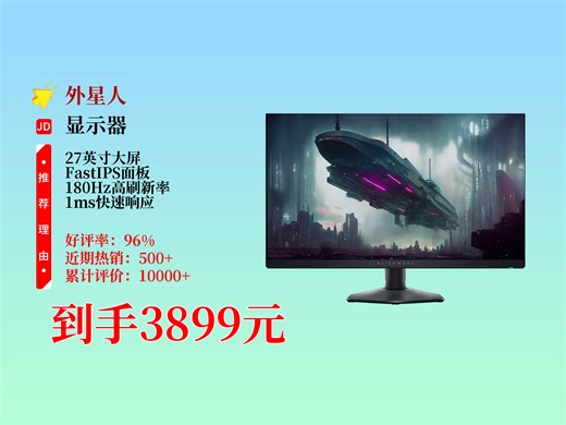 3899元抱走外星人27英寸电竞显示器！FastIPS、QHD180Hz、1ms低蓝光，FreeSync助力，游戏高刷体验拉满！