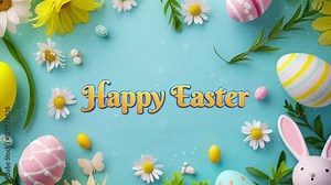 Happy easter lettering celebration with egg. motion holidays and spring style background.
