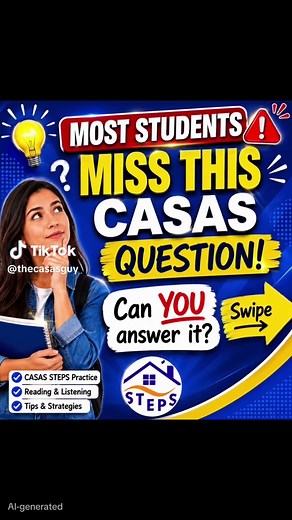 Can you answer these CASAS STEPS questions? Every day I post reading and listening practice designed to help adult English learners prepare for the CASAS STEPS test. Try the quizzes, test your skills, and see how many you can answer correctly before checking the solution. Follow for daily CASAS STEPS practice and tips! 👉 @TheCASASGuy 🌐 ESOLSTEPS.com #CASAS #ESL #LearnEnglish #EnglishTest #AdultEducation