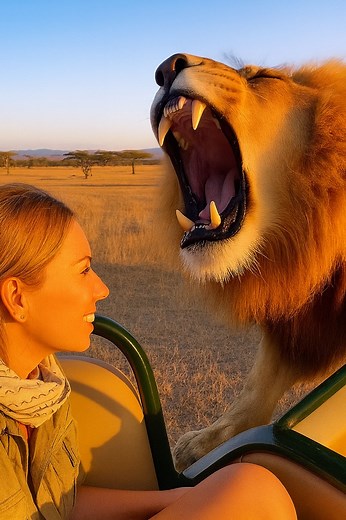 A powerful lion steps up and roars inches away — and she stays calm the entire time. AI-generated cinematic realism. No animals or humans were harmed. This video is created using advanced AI generation tools. No real humans or animals were present, harmed, or put in any danger during the making of this content. All scenes, characters, actions, wildlife interactions, and environments are fictional and digitally produced. This content is intended for entertainment, cinematic storytelling, and crea