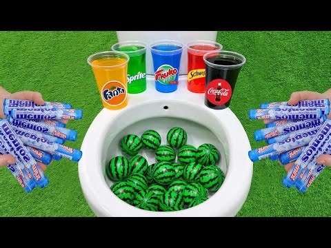 Mini Watemelon VS Popular Sodas !!! Fruko, Fanta, Coca Cola, Sprite, Schwepes and Mentos in toilet