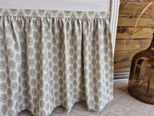 Damask leaf fabric shelf skirt, floral for kitchen, utility skirt, vanity shelf skirt, self adhesive sink curtain, kitchen cupboard cover