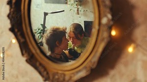 Mirror reflection of female tattoo artist in gloves using needle as doing upper arm tattoo for young woman in home studio