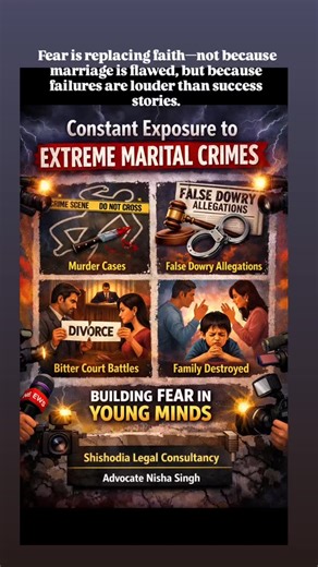 Advocate Nisha Singh on Instagram: "Marriage aaj ek crossroads par khadi hai—jahan ek taraf uska purpose abhi bhi companionship, stability aur emotional security dena hai, wahi dusri taraf current scenario me is institution par trust kaafi had tak kam ho chuka hai. Extreme marital crimes, hostile divorces, legal battles aur emotionally draining relationships ki constant news exposure ne, khaaskar young generation ke mann me, fear create kar diya hai. Ab marriage automatically happiness ya respec