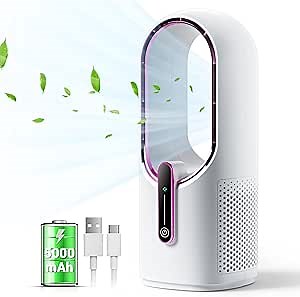 KONSIDEN Bladeless Desk Fan, 11.8 Inch Small Rechargeable Fan, Quiet Office Fan, 3 Speeds, Touch Control, Easy to Clean, Desk Fan Small Quiet, Ideal for Home, Office, Travel