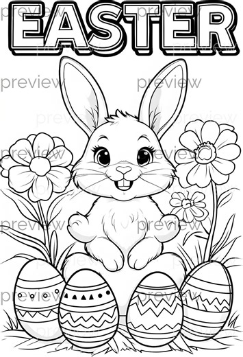 Easter Bunny Coloring Page: Cartoon Bunny & Decorated Eggs (digital Download) - Etsy