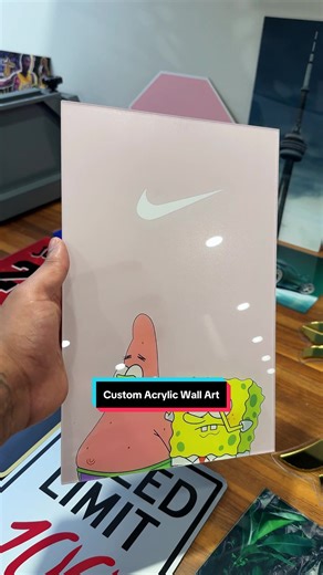 Making a custom Acrylic print of a Nike and SpongeBob graphic! Unique wall art for all rooms, styles and decors! #wallart #acrylicsign #acrylicprint #asmr #nike