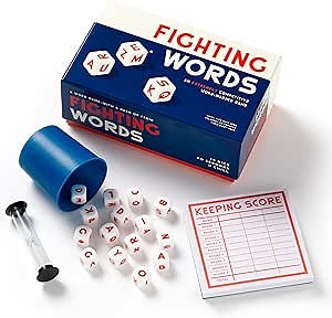 Brass Monkey Fighting Words – Fast Paced Word Making Dice Game Includes Sand Timer 15 Six-Sided Dice and Dice Cup, 2+ Players