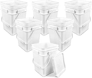 ePackageSupply 4 Gallon Square Bucket with Lid & Plastic Handles, Food Storage Pail, Heavy Duty & Durable, HPDE BPA Free (6), White