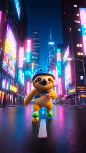 Cute sloth roller-skating through neon cityscape running #funk