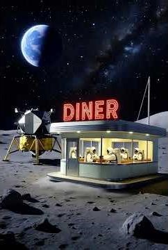 A 1950s-style diner on the moon with astronauts in space suits, under a starry #aivideo