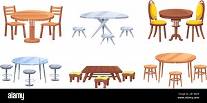 Cartoon furniture. Tables with chairs for dining, restaurant and picnic scene. Table for two vector illustration set Stock Vector Image & Art - Alamy