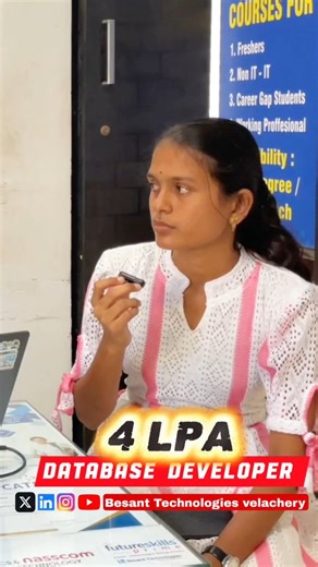 Besant Technologies Velachery on Instagram: "Big congratulations to Lakshmi B.E(CSE) – 2025 batch, who has successfully secured a wonderful opportunity as a Database Developer with a 4 LPA package! 🎉✨ Her achievement is a proud moment for both her and the entire team at Besant Technologies Velachery. With dedication, consistency, and a strong passion for learning, Lakshmi has turned her dream of entering the IT industry into a reality. Lakshmi enrolled in our Full Stack Development Course with 