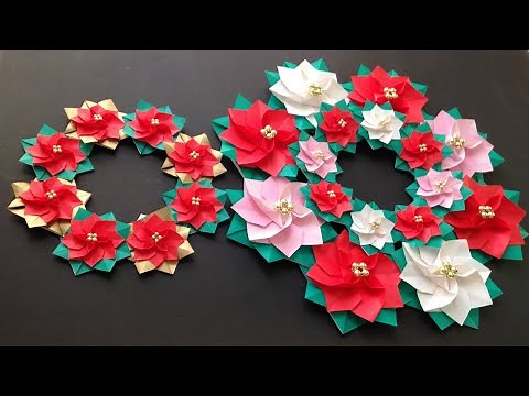 クリスマス折り紙 ポインセチア リース 立体 折り方 2 Origami Christmas Poinsettia wreath tutorial（niceno1）