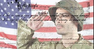 Saluting soldier over United States Constitution text animation with American flag background