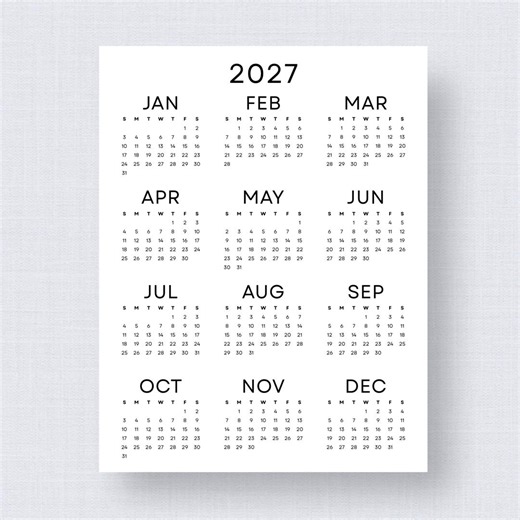 2027 Yearly Calendar Printable PDF Download Minimalist Wall Calendar 2027 Year at a Glance A3 A4 Letter Size Monday & Sunday Start - Etsy