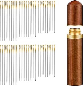 (60 GoldNeedles) Easy Self-Threading Needles Kit for Hand Held Sewing, Large Eye Pre-Threaded Threader, Holder Storage Device for Embroidery Quilting Crochet Hair Notion, Supplies (1 Brown Wood Case)