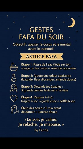 Et si le soir tu prenais enfin 10 minutes rien que pour toi ? 🌙 Ralentir. Relâcher. Préparer ton sommeil. Suis ma page pour d’autres Gestes FAFA du soir ✨ #routine #soir #détente #sommeil #stress #bienetre #rituelsdusoir #prendreSoinDeSoi #équilibre #calme #pause #respiration #vitalité #corpsesprit | Farida ID