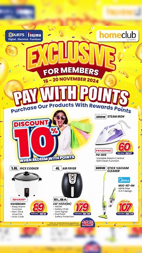 Unlock the power of your points! 🌟💳 Redeem your rewards and Pay with Points to purchase your favorite small household items at COURTS! And here’s the cherry on top: get an extra 10% discount when you pay with points! 🎉 It’s the perfect time to treat yourself to the rewards you’ve earned. 🛍️💰 🗓️ Valid from 16th - 20th November 2024 𝐂𝐨𝐦𝐞 𝐕𝐢𝐬𝐢𝐭 𝐔𝐬 𝐍𝐨𝐰 : 📍 Visit us at COURTS: https://www.courts.com.my/storelocator/ *Terms & Condition Apply #courtsmalaysia #courts #PayWithPoints
