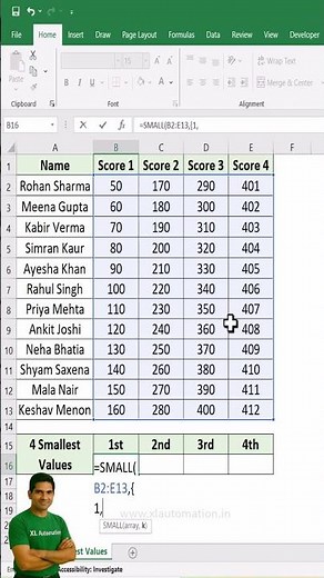 Find 4 Smallest Values in Excel with SMALL Function #excel #excelforbeginners #exceltips #shorts