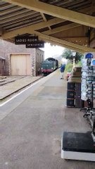 A steam train arriving at Dunster Station, filmed by Fred Crawley.