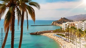 Beachfront restaurant resort with a beach background, beautiful blue sea with smooth 4K video quality.