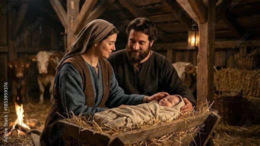 holy family with newborn jesus in wooden manger. biblical nativity scene in stable with cattle. christian religious holiday. christmas greeting card, church concept