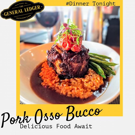 Tonight's Special! Pork Osso Bucco; topped w/au jus & blistered cherry tomatoes, served over feta tomato risotto & veggies #dinnertonight #DinnerDate #ossobuco #eatlocal #eatlocalsupportlocal #dinnerspecials #downtownblueridge #thegeneralledgerblueridge #ossobucco #ossobucco🍖 | The General Ledger
