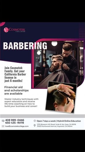 Join Cosmotek Barbering ✂️ Earn your license in 6 months with hybrid learning & hands-on training.