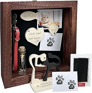 Pet Memorial Shadow Box Gift Dog Memory Display Case Wooden Picture Frame Pet Paw Ink Kit Glass Fur Jar Pets Keepsake Holder for Passed Away Dogs Cats idea Gifts for Pet Lover (Brown Cat Frame)