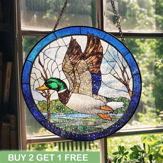 Mallard Duck Stained Glass Window Panel, Flying Waterfowl Suncatcher Art, Nature Lover Hunter Gift, Wildlife Bird Decor Stained Glass Gift. - Etsy
