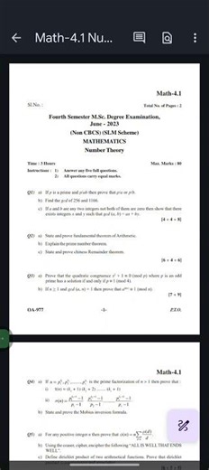 KARNATAKA STATE OPEN UNIVERSITY MSC SEM-4 MATHEMATICS NUMBER THEORY QUESTION PAPER 2023